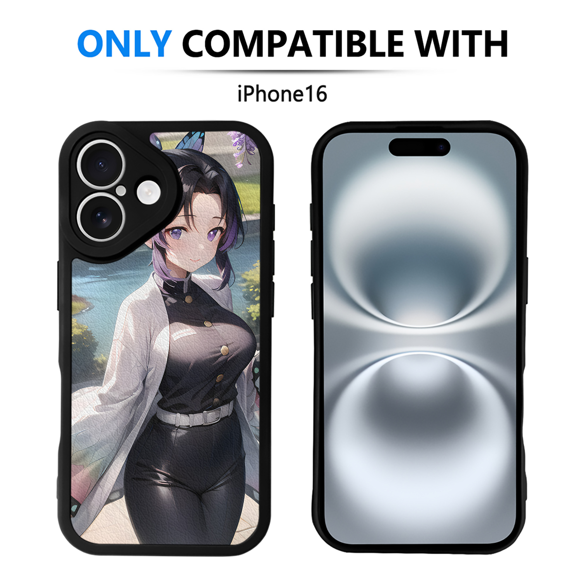 （画像用） 鬼滅の刃（きめつのやいば）蟲柱-胡蝶 しのぶ／こちょう しのぶ Kochou Shinobu 【iPhone 16シリーズ対応】シリコンスマホケース（レザー調） 材質：シリコン